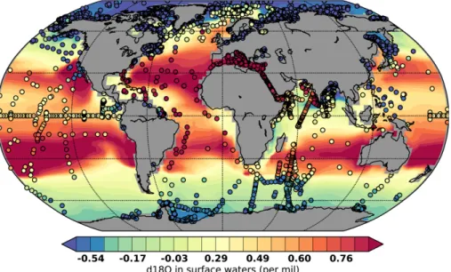Fig. 8. Near-surface ocean δ 18 O in sea water in iLOVECLIM compared to the GISS database (Schmidt et al., 1999) (coloured circles).