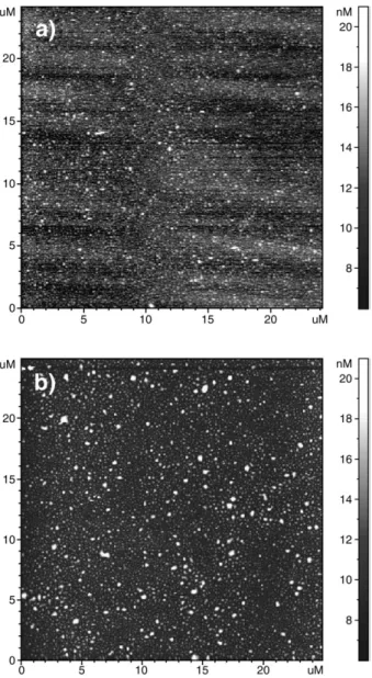 Fig. 4. AFM topographical images (25 × 25 µm 2 ) of 5 MADQUAT/PAA bilayers before (a) and after (b) drying (d SiO 2 98.7 nm, pH 5.5, Cp 0.01 g L −1 , C NaCl 10 −3 M).