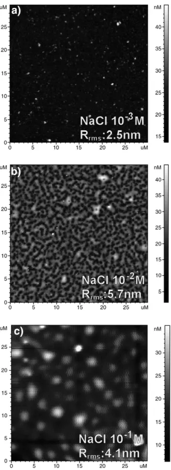 Fig. 6. AFM topographical images (30 × 30 µm 2 ) of 5 MADQUAT/PAA bilayers built-up from different NaCl concentrations (10 −3 M, 10 −2 M and 10 −1 M)