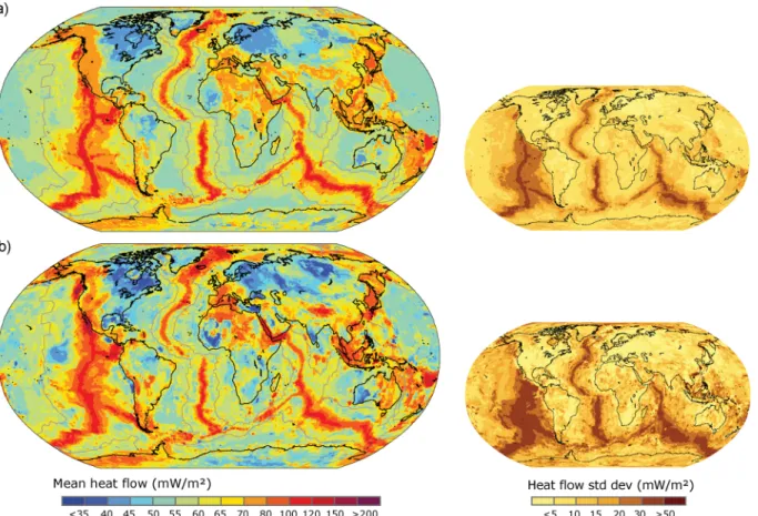 Figure 6. Global heat flow maps obtained from (a) the best combination method and (b) the similarity method: mean value (left-hand side) and standard deviation (right-hand side) of the distributions