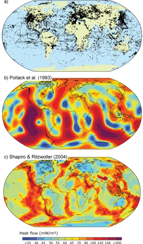 Figure 1. (a) Global heat flow data set, including now up to 34 500 sites (note uneven sampling and poor coverage in many areas); (b, c) published efforts to extrapolate heat flow using an estimator based on the thermotectonic age and the surface geology (