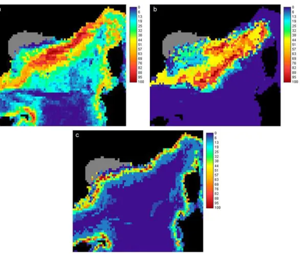 Fig. 3. Habitat suitability maps for (a) sperm whale, (b) pilot whale and (c) Risso’s dolphin models (the grey area was removed from the analysis).