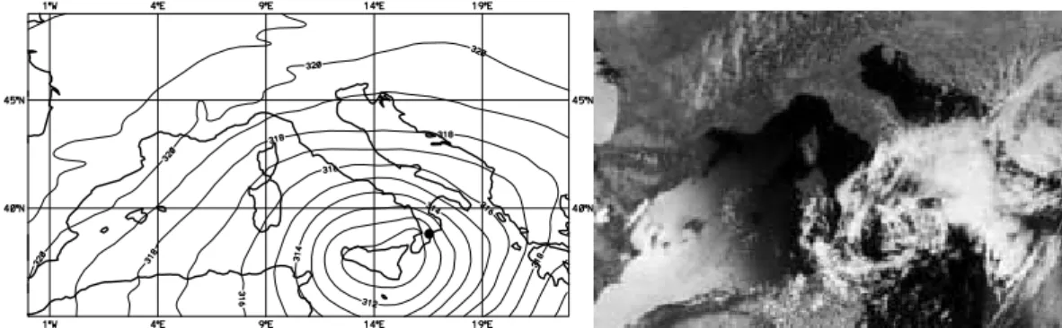 Fig. 1. Left panel: ECMWF analysis of 700 hPa geopotential height at 00UTC 10/9/2000; contour interval: 10 dam