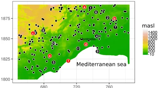 Figure 2: Gauged stations in the study area located in the French Mediterranean : 171 stations (in black) are used for calibration, 11 of these are numbered and serve in a regional hazard analysis, 6 stations (in red) are kept aside for validation - coordi
