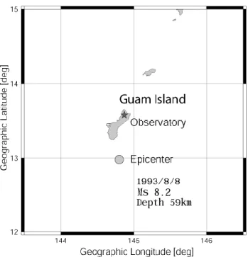 Fig. 1. Relative location of the ULF observing station (Guam) and the epicenter of 1993 August Guam earthquake.