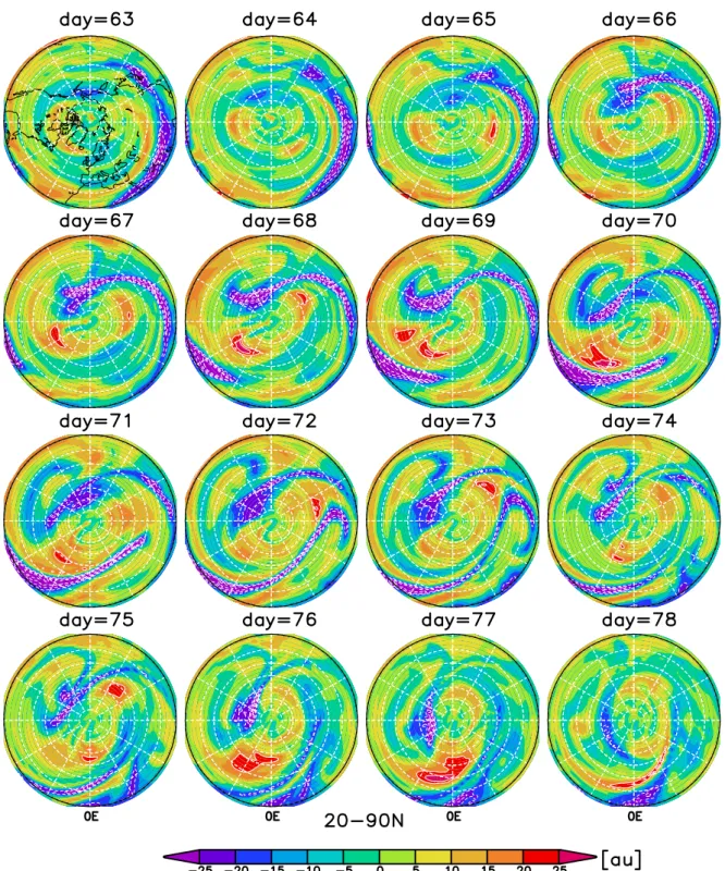 Fig. 5. Zonal anomaly of stratospheric streamers, as in Fig. 4. Shaded colours represent the anomaly fields and the contours mark the values of ± 20, 25, 30, 35 thresholds.