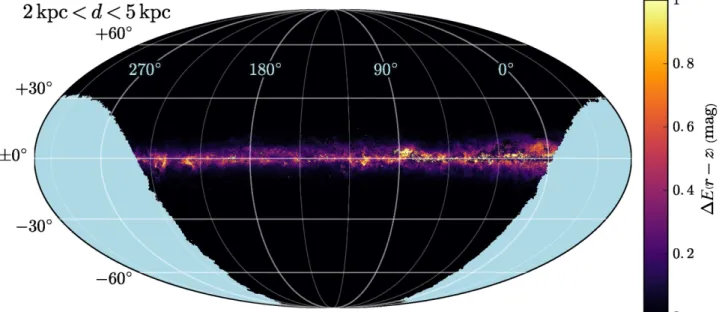 Figure 6. Cumulative reddening between 2 kpc and 5 kpc, in magnitudes of E(r P1 − z P1 ).