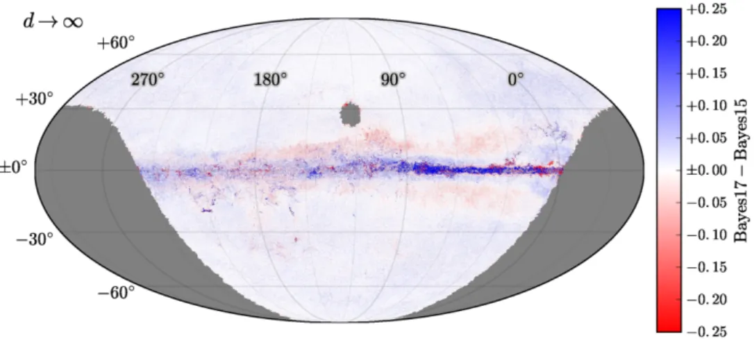 Figure 8. An all-sky map of the residuals between Bayestar17 and Bayestar15, in magnitudes of E(r P1 − z P1 )