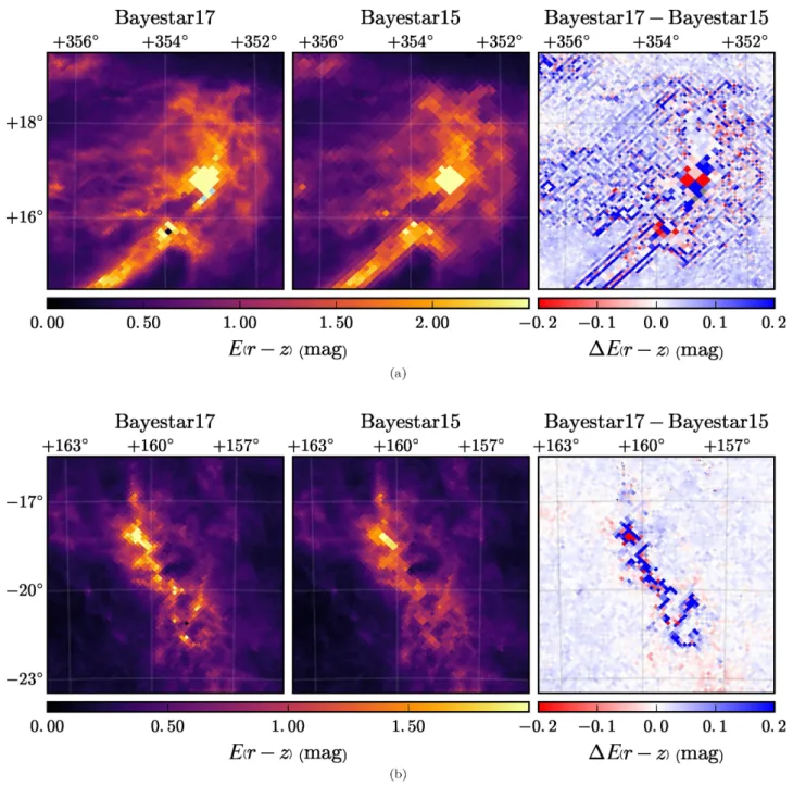 Figure 10. A close-in view of the residuals between the new 3D dust map and the Bayestar15 3D dust map, in the vicinity of the ρ Ophiuchi cloud complex (top row) and the Perseus cloud complex (bottom row)