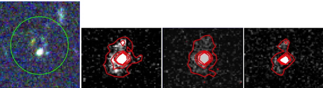 Fig. 4. Examples of sources rejected in the third step of our cleaning procedure. Left: BIz colour cut-outs of a narrow-band selected LAE (ID_CANDELS = 23527, z = 3.116)