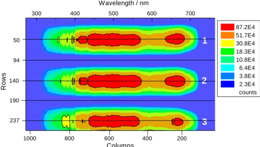 Fig. 3. Image of the CCD-chip when three optical collectors are connected. Rows number 94 und 190 are used as stray-light spectra.