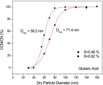 Fig. 10. Ratio of the number of activated droplets (“CCN”) relative to the number of condensation nuclei (“CN”) plotted as a function of dry particle diameter for glutaric acid particles at supersaturations of 0.46 and 0.62%