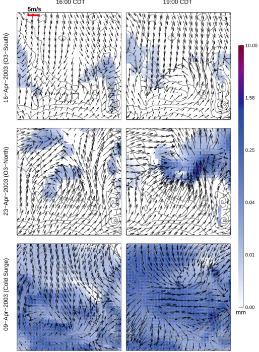Fig. 7. Horizontal surface (10 m) wind vectors in the Mexico City basin for 16 April (O3-South), 19 April (O3-North) and 9 April (Cold Surge) at 16:00 and 19:00 CDT