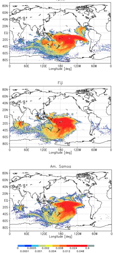 Fig. 3. Density of trajectories arriving above Tahiti, Fiji and Am. Samoa during September 1999 while residing in the  plane-tary boundary layer