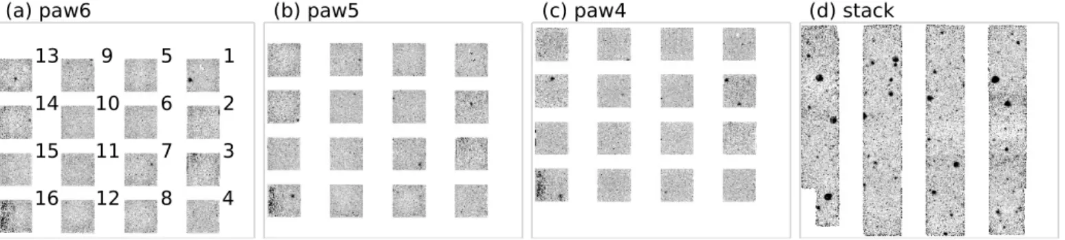 Fig. 2. a)−c) Individual VIRCAM NB118 exposures obtained at the positions named paw6, paw5 and paw4, respectively