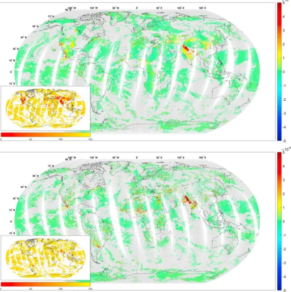 Figure 4. NH 3 total column distributions (molecules.cm −2 ) for (top) the morning and (bottom) the evening overpasses of IASI on Metop-A for 2 June 2013