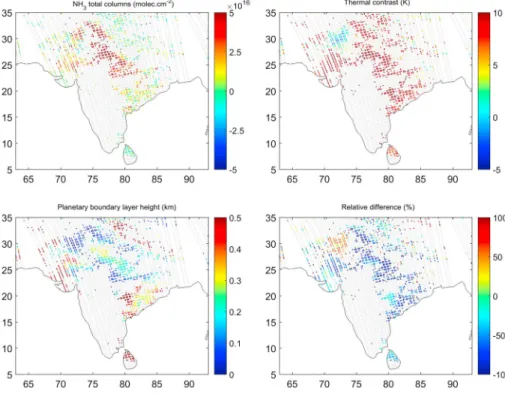 Figure 8. (top left) Nighttime IASI-NH 3 total column (molecules.cm −2 ) distribution for 2 June 2013 over India retrieved by considering a ﬁxed 