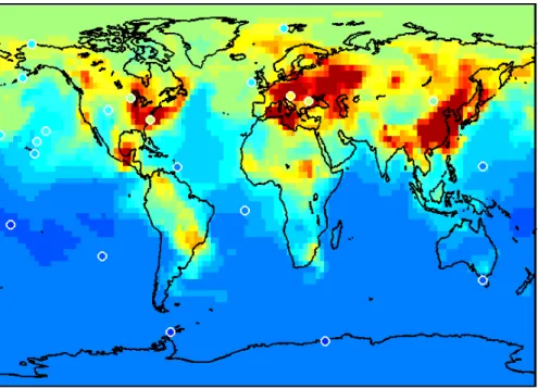 Fig. 7. Surface CO field for a reference run of the MOZART model. White circled colored data are corresponding colocated averaged mixing ratios measured by the NOAA/CMDL network.