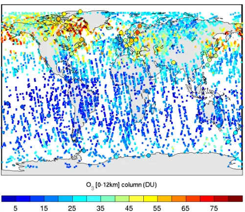 Fig. 4. Partial O 3 (0–12 km) columns distribution retrieved from the IMG data. The corresponding amounts calculated from available averaged ozonesonde profiles in April 1997 are represented by the enlarged colored dots.
