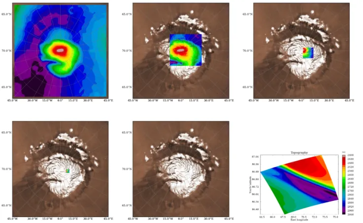 Figure 3: The five nested LMD-MMM domains set for northern polar trough simulations (#1-5 from left to right and top to bottom)