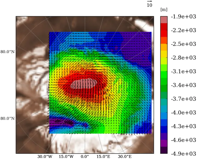 Figure 5: LMD-MMM results in nested domain #2 (∆x = 6.7 km). Horizontal wind vectors 50m above the local surface (the reference wind vector with a value in m s −1 is included in the top right side of the plot)