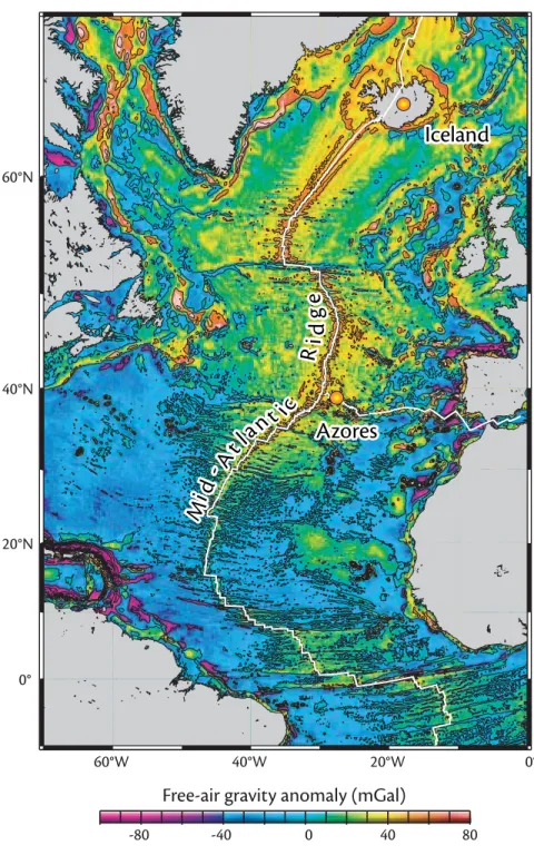 Figure 3. (left) map of satellite-derived, free-air grav- grav-ity data (Sandwell and Smith, 1997) revealing that  regions of unusually thick and elevated oceanic crust  (red and yellow) extend hundreds of kilometers from  the iceland and azores hotspots a