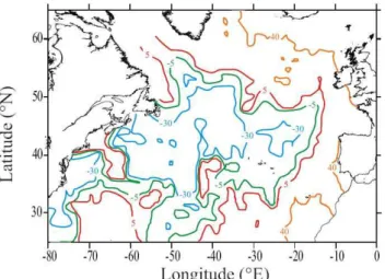 Fig. 8. Sea Level Anomaly (SLA, in mm) for the winter of 1997/98 ( ∼ centered on 15 December 1997) showing cyclonic tendency for the North Atlantic under negative phase of the North Atlantic  Os-cillation (NAO).