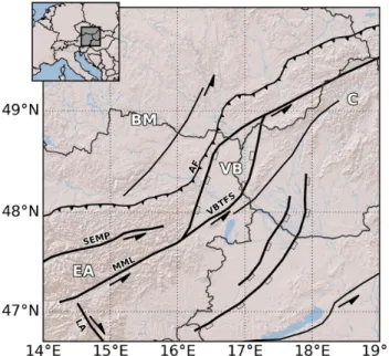 Figure 1. Tectonic sketch map of the study area illustrating the lateral extru- extru-sion of blocks (the southeastern half), accommodated by the major fault  sys-tems and subsequent formation of the Vienna Basin in the Alpine-Carpathian transition zone