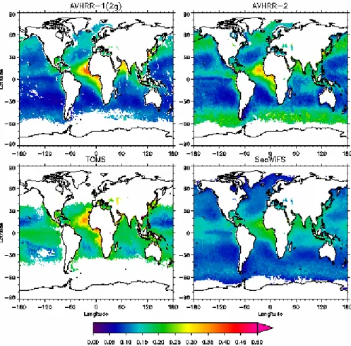 Fig. 1a. Averaged AOD (550 nm) over ocean for the period Sep 97–Dec 00. Values are given with minimum of data for ten months.