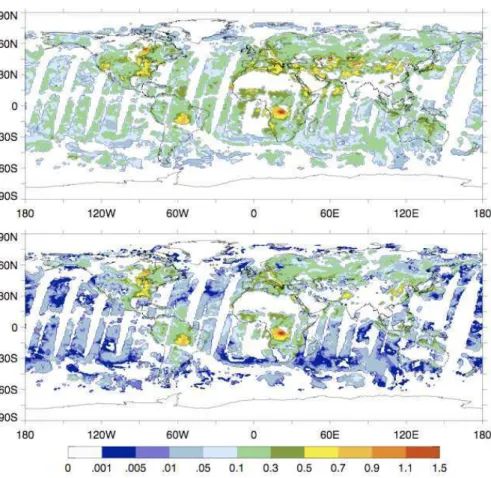 Fig. 11. Actual satellite sampling for August 28, 2000. (a) Global MODIS measurements of total optical depth