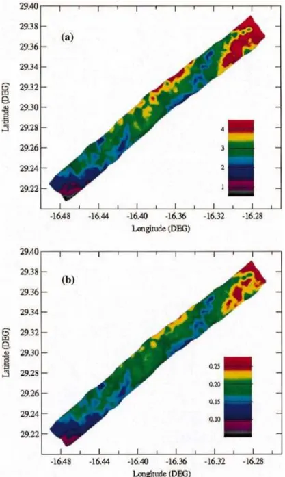 Fig. 3. (a) Cloud optical thickness and (b) cloud albedo maps established from airborne POLDER measurements acquired on 26 June 1997 between 14:27 and 14:32 UTC