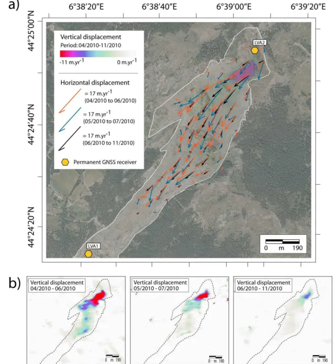 Figure 3: 3D displacement map on the La Valette landslide for the three sub-periods. a) Color represents the 