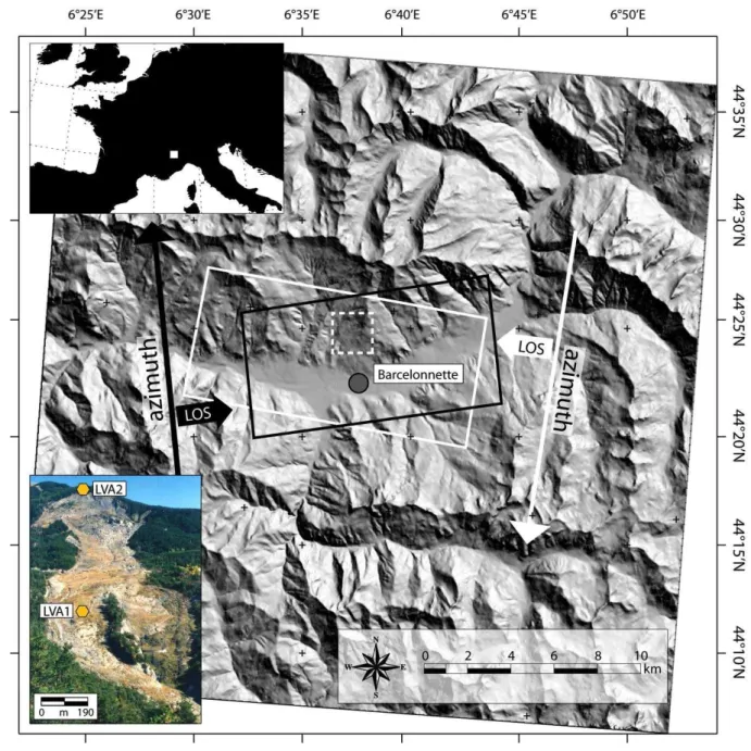 Figure 1: The Barcelonnette area of interest in the South French Alps. The white dotted line 141 