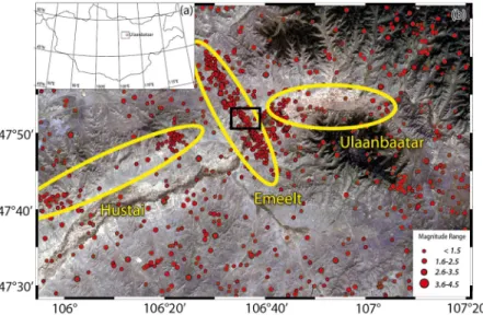 Figure 1. (a) Map of Mongolia with location of the capital, Ulaanbaatar. (b) Zoom over the area of Ulaanbaatar