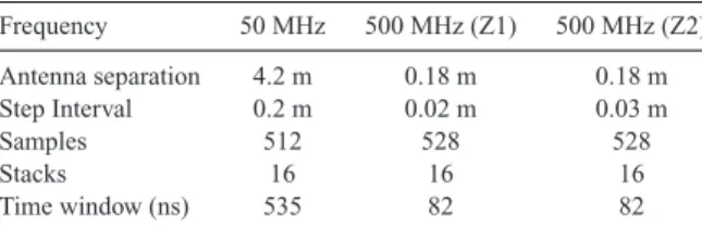 Figure 5. Facies used in the interpretation of the 500 MHz data. (a) Fa- Fa-cies having subhorizontal to slightly dipping reflections with a clear lateral continuity
