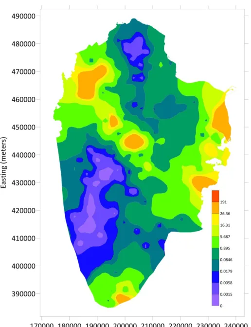 Figure 5. Calibrated hydraulic conductivity of the model using optimized location of 187 pilot-points  (m/day)