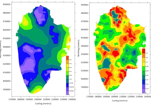 Figure 6. Mean value of the calibrated hydraulic conductivity from 20 simulations using random  locations of pilot-points (left) and the coefficient of variation map (right) (m/day)