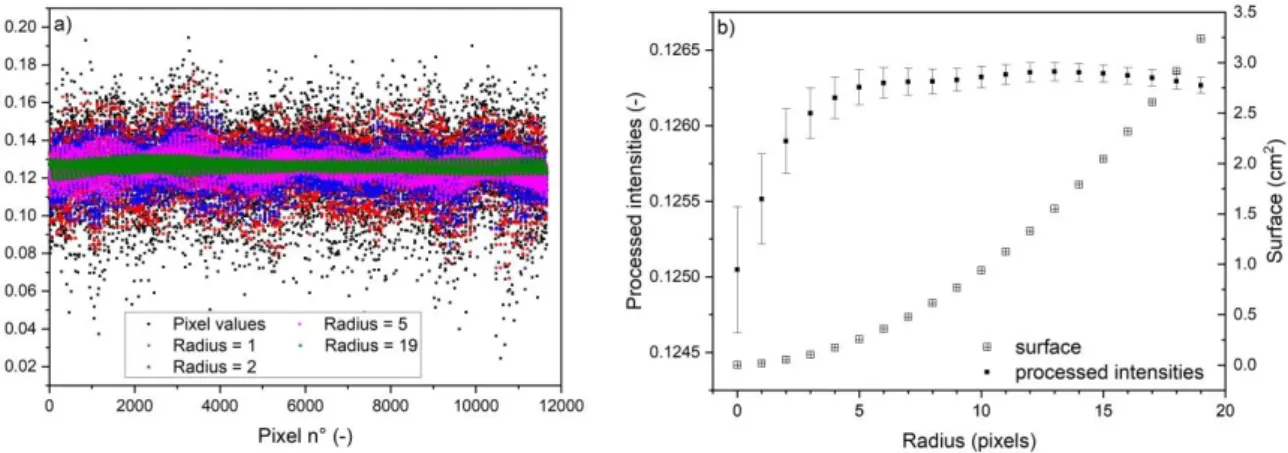 Figure  4.  Representation  of  intensities  after  72  h  in  the  left  upper  side  of  the  flow  chamber:  (a)  intensities of the 11,664 pixels of a 5 × 5 cm 2  square for pixel unity and derived as median of squares  of 1 px, 2 px, 5 px and 19 px ra