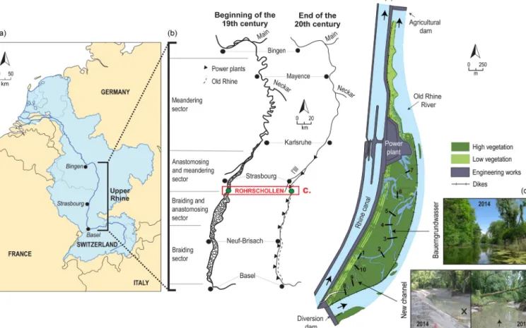 Figure 1. (a) Location of the Upper Rhine Graben, (b) channel pattern sectorization and evolution from the 18th century to present (Schmitt et al., 2009), (c) location of the study site and map of Rohrschollen Island, and (d) pictures of the Bauerngrundwas