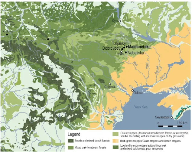 Figure 1.  Map showing the location of the site and the potential vegetation in the study region