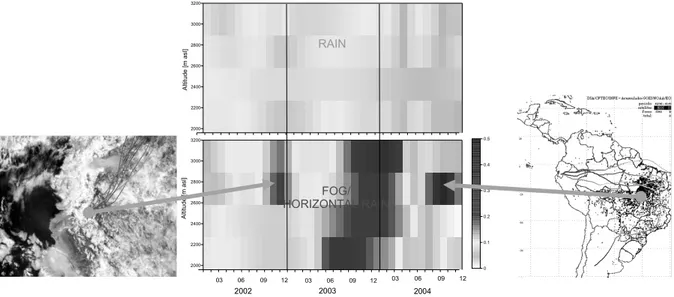 Fig. 5: Altitudinal variations 2002-2004 of ionic load in rain and fog water as observed in the central  research area