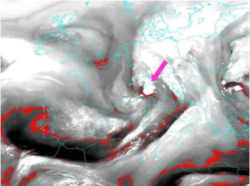 Fig. 7. MSG WV 6.3 µm channel at 12:00 UTC 23 May 2005. Red contour delimits area with brightness temperature around − 35 ◦ C, pink arrow indicates MCS development.