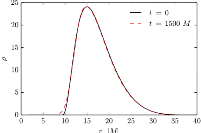 Fig. 5. 1D radial profile of density in the equatorial direction of a sta- sta-tionary torus in Kerr space-time using KS coordinates