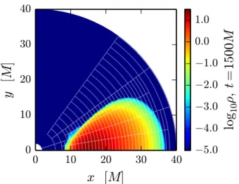Fig. 6. 2D logarithmic rest-mass density of a stationary torus at t = 1500 M in Kerr space-time using KS coordinates with three different AMR levels