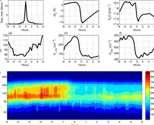 Figure 8. Mean values calculated within ± 6 h of the occurrence of strong precipitation events (> 10 mm h −1 )