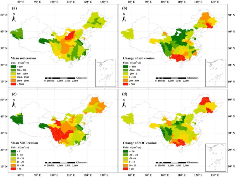Figure 4. Spatial distributions of the magnitude and changes in the erosion rate of soil and soil organic carbon (SOC)