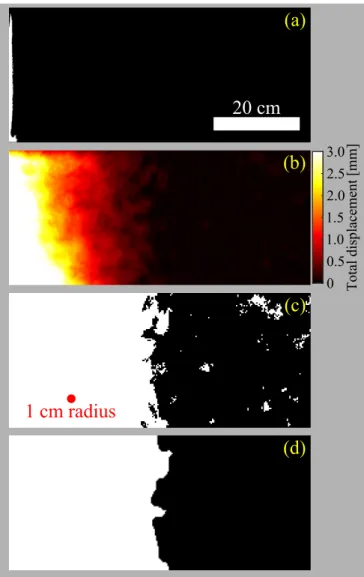 FIG. 14. The steps to obtain compacted zones from total displacement DIC data. In front of the region invaded by air (a) in a P in = 100 kPa experiment at t = 80 ms, we obtain the total bead displacement (b) with DIC, which is then converted to a binary im