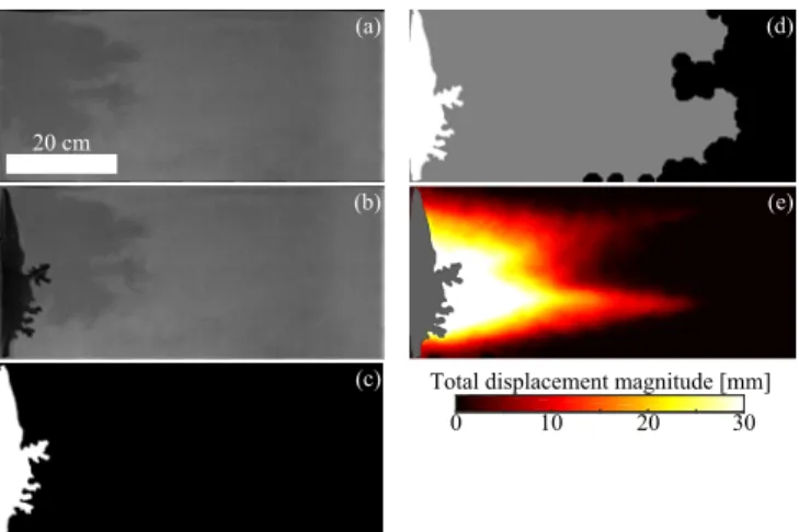 FIG. 2. Image processing examples for a snapshot in an exper- exper-iment with injection pressure P in = 200 kPa