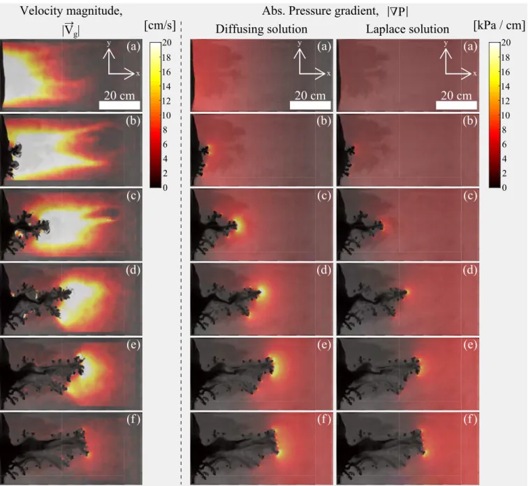 FIG. 5. Left: Average velocity magnitude |~ v g | during time windows of ∆t = 10 ms, centered on t = 100, 200, 300, 400, 500 and 600 ms for snapshots (a) - (f) respectively