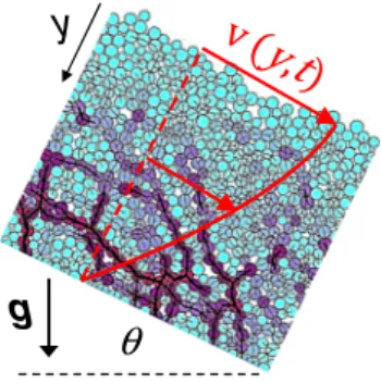 FIG. 1. Geometry of the studied system depicted on a snapshot from a DEM simulation. An infinitely-long granular layer accelerates down a slope inclined at an angle θ 
